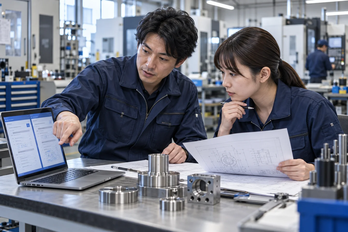 技術図面と資料を確認する製造業の担当者のAI生成イメージ