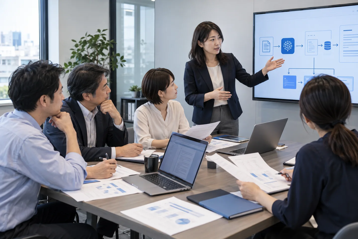 業務フローを学ぶ社員向けAI研修のAI生成イメージ